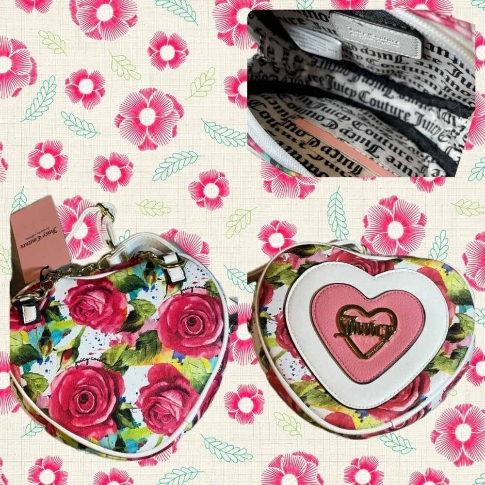 Juicy Couture Logo Floral Print Heart Shaped Faux Leather Zip Closure Crossbody